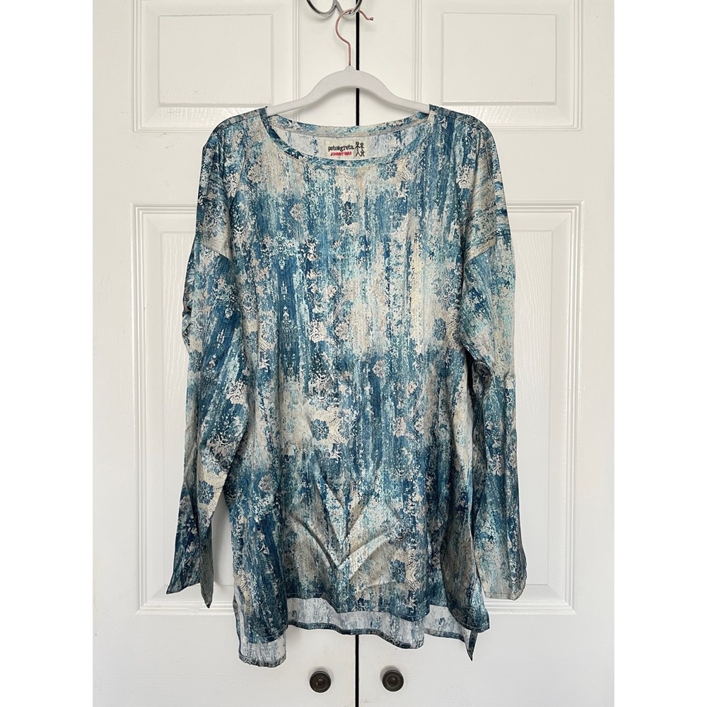 NEW Johnny Was Pete & Greta Silk Long Sleeve Blue Abstract Blouse Top